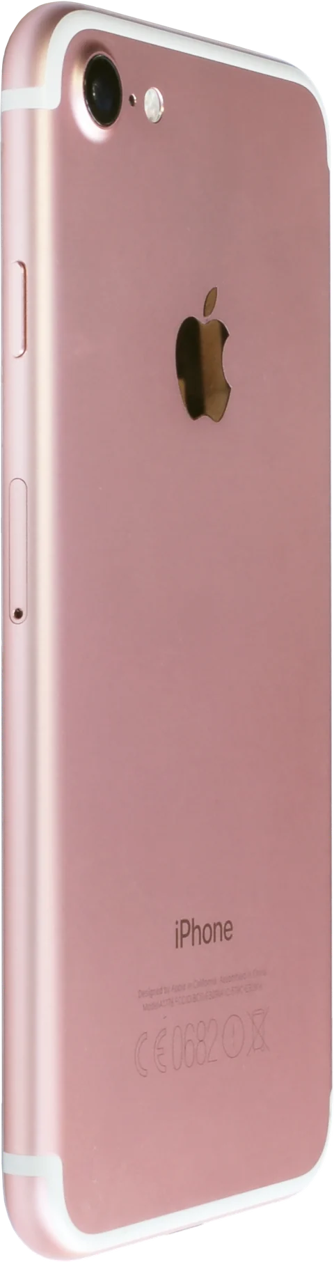 An iPhone 7 in rose gold, seen from the back at an angle.